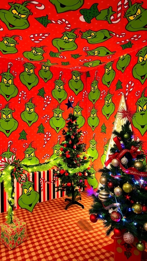 A cozy room with Grinch-themed wallpaper featuring festive designs, decorated for Christmas.